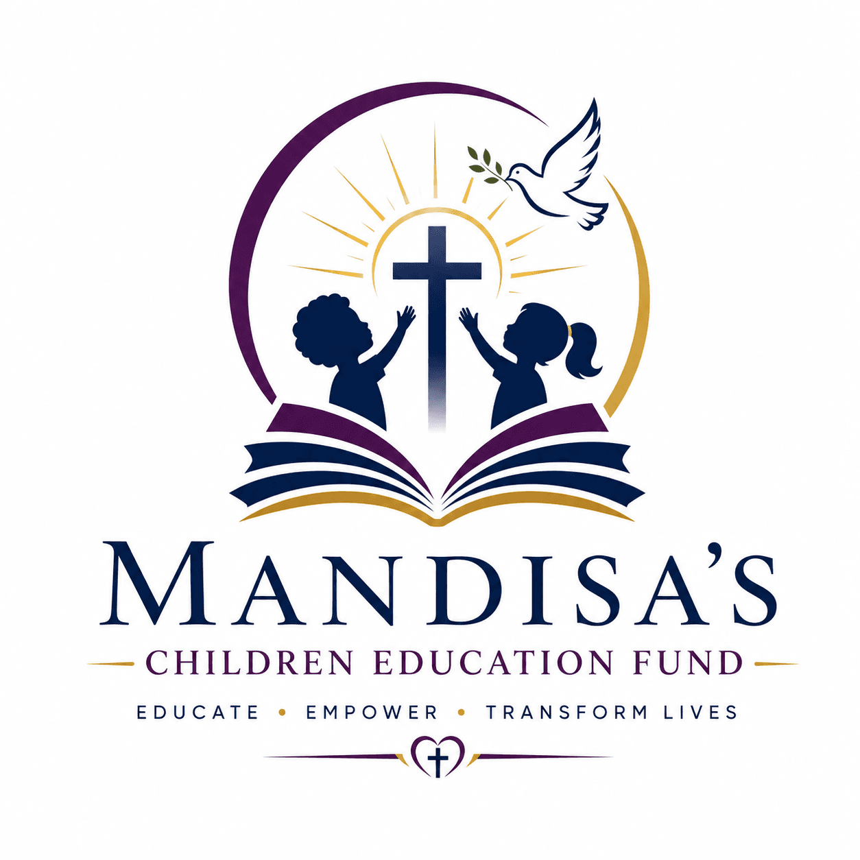 MCEF logo: children, an open book, a cross, a dove, and rising light
